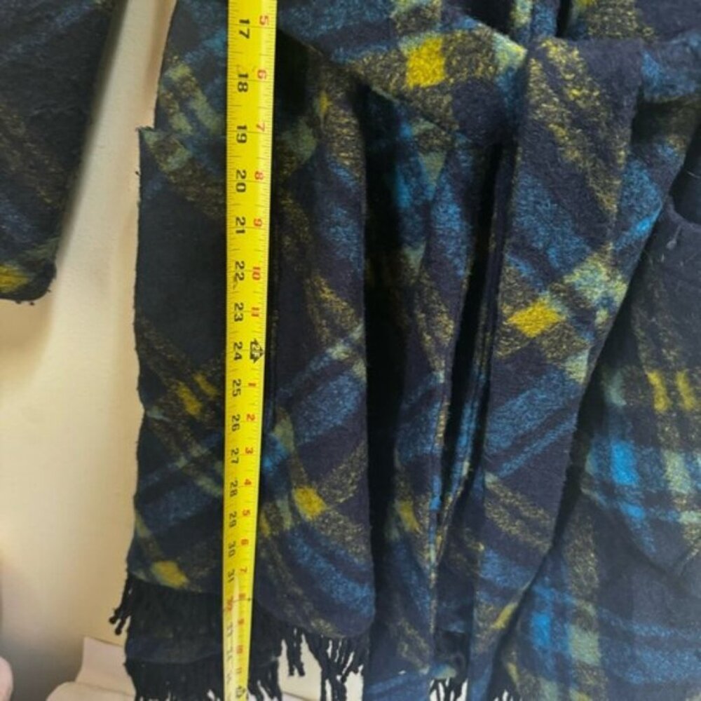 Samuel Dong Wool Check Fringe Wrap Coat Shawl Pockets Tartan Poncho Oversized L - Picture 16 of 16